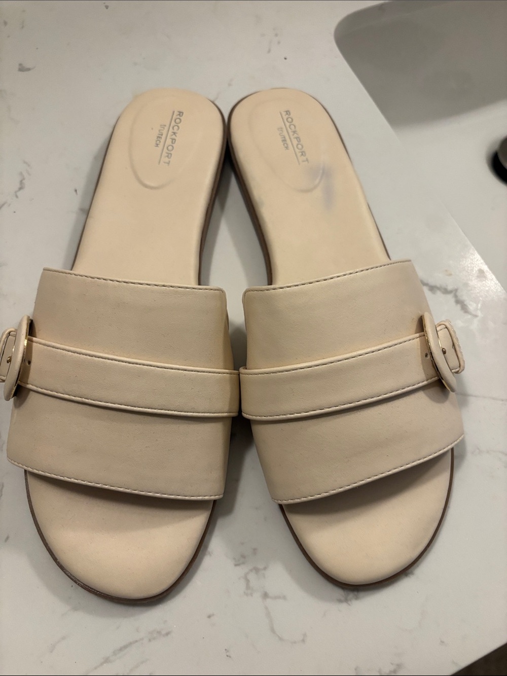 Rockport Women's Cream Slide Mules with Buckle Detail